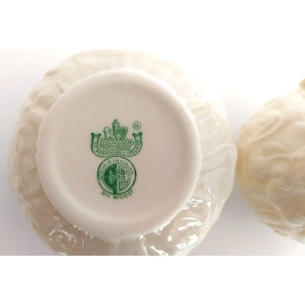 Belleek LOTUS Creamer & Sugar Bowl Green 5th Mark Irish Parian Porcelain Vintage